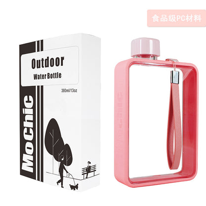 380ml Flat Square Water Bottle with Strap Pink by HitMyNeed