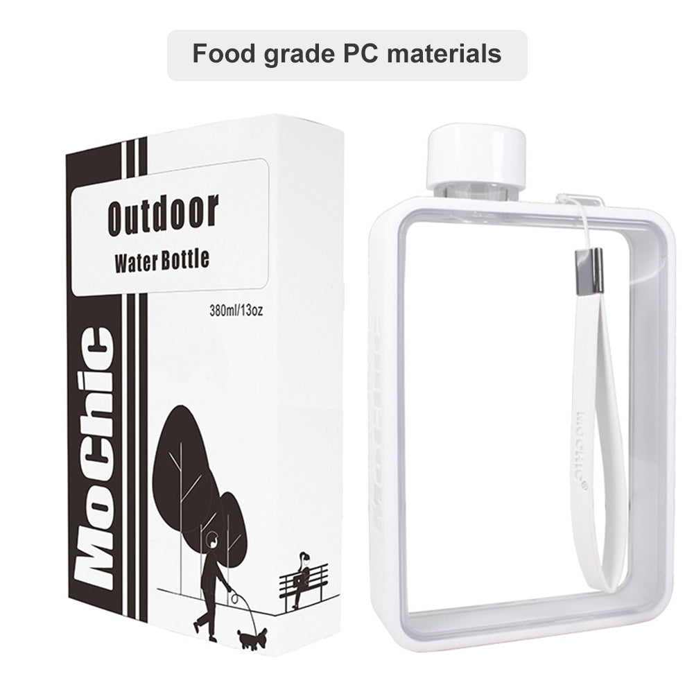 380ml Flat Square Water Bottle with Strap White by HitMyNeed