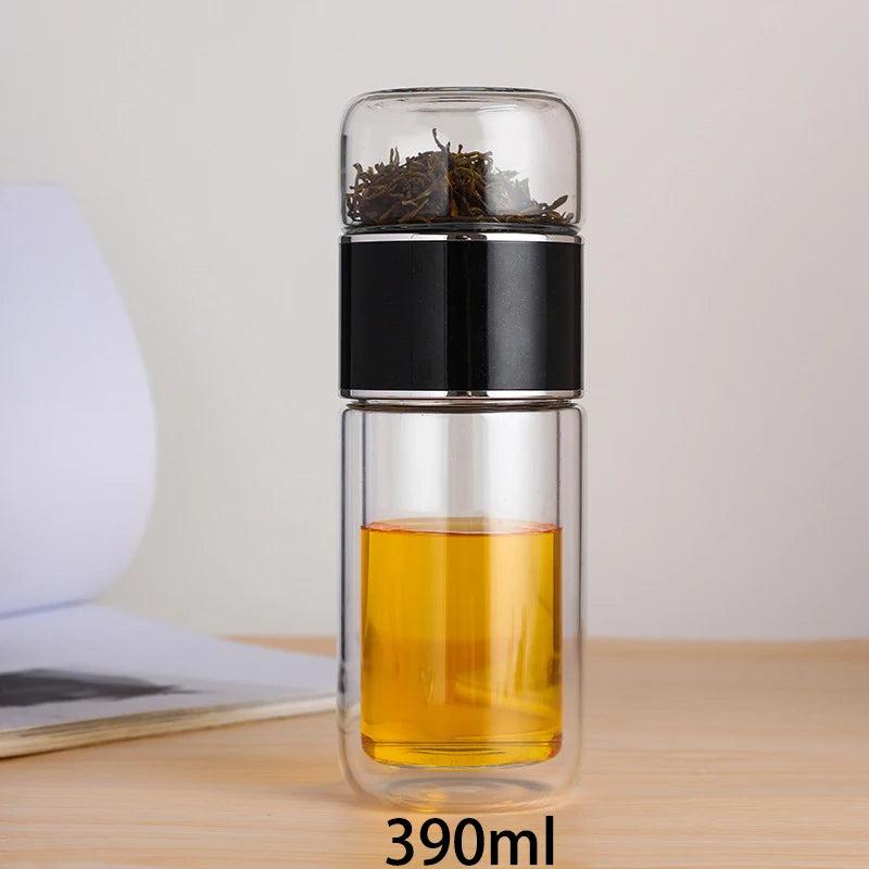 390ml Double Wall Glass Tea Infuser Bottle black by HitMyNeed