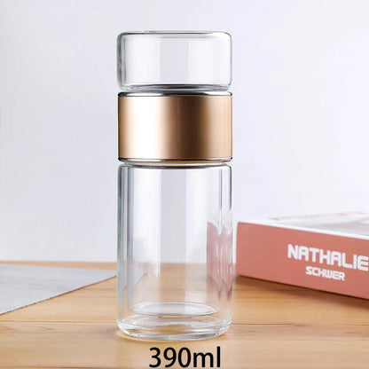 390ml Double Wall Glass Tea Infuser Bottle gold by HitMyNeed