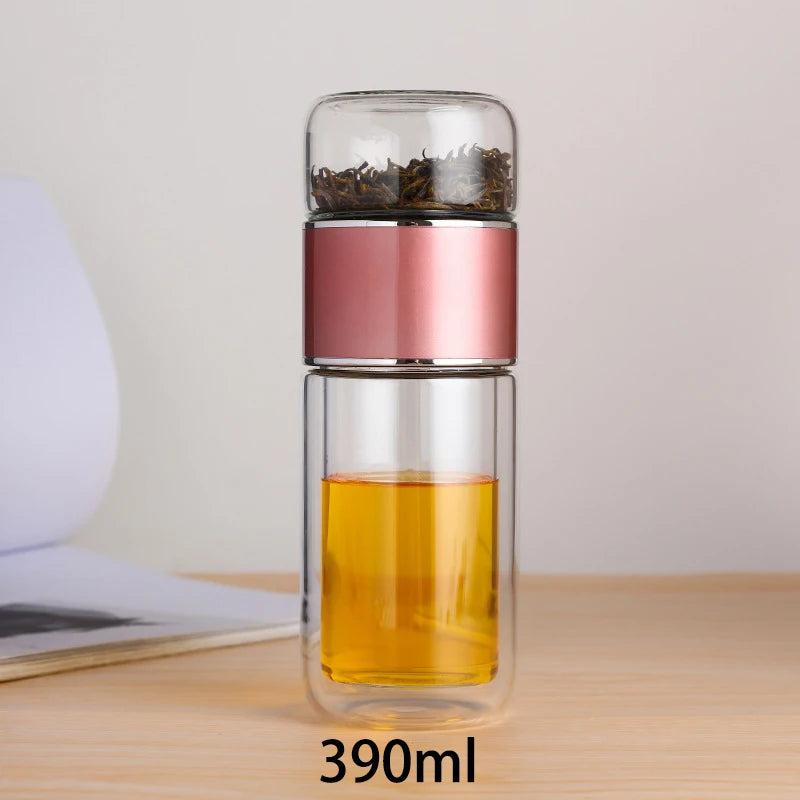 390ml Double Wall Glass Tea Infuser Bottle pink by HitMyNeed