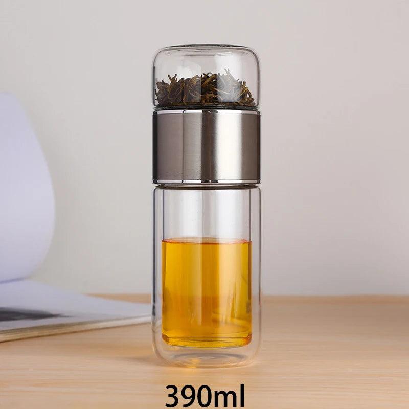 390ml Double Wall Glass Tea Infuser Bottle silver by HitMyNeed