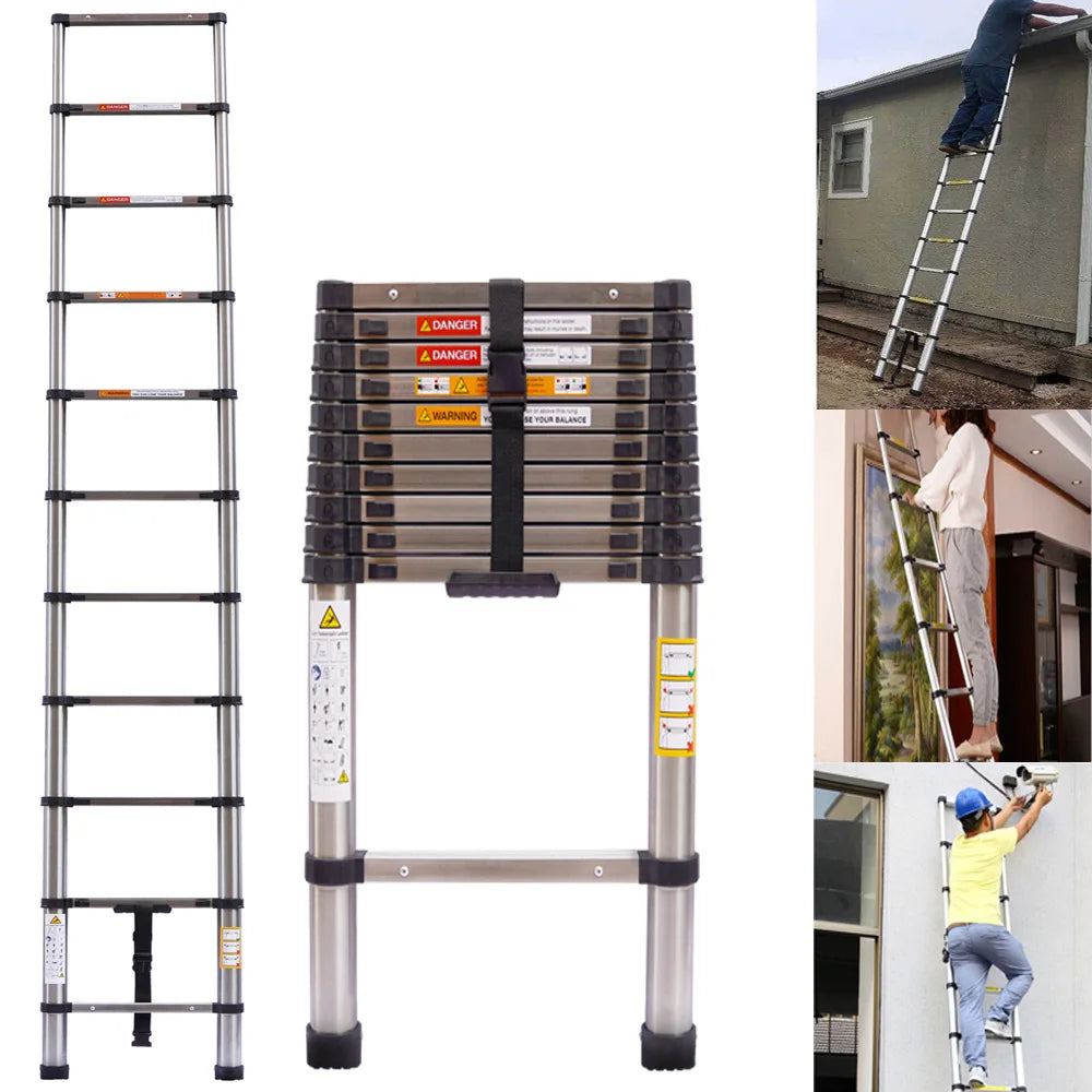 3.2m Stainless Steel Telescopic Ladder 10.5ft EN131 by HitMyNeed