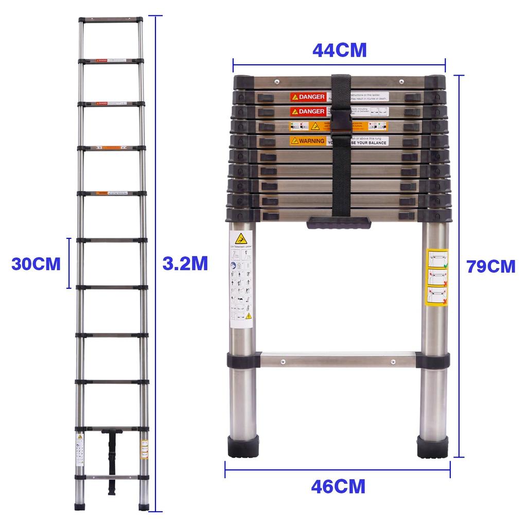 3.2m Stainless Steel Telescopic Ladder 10.5ft EN131 by HitMyNeed