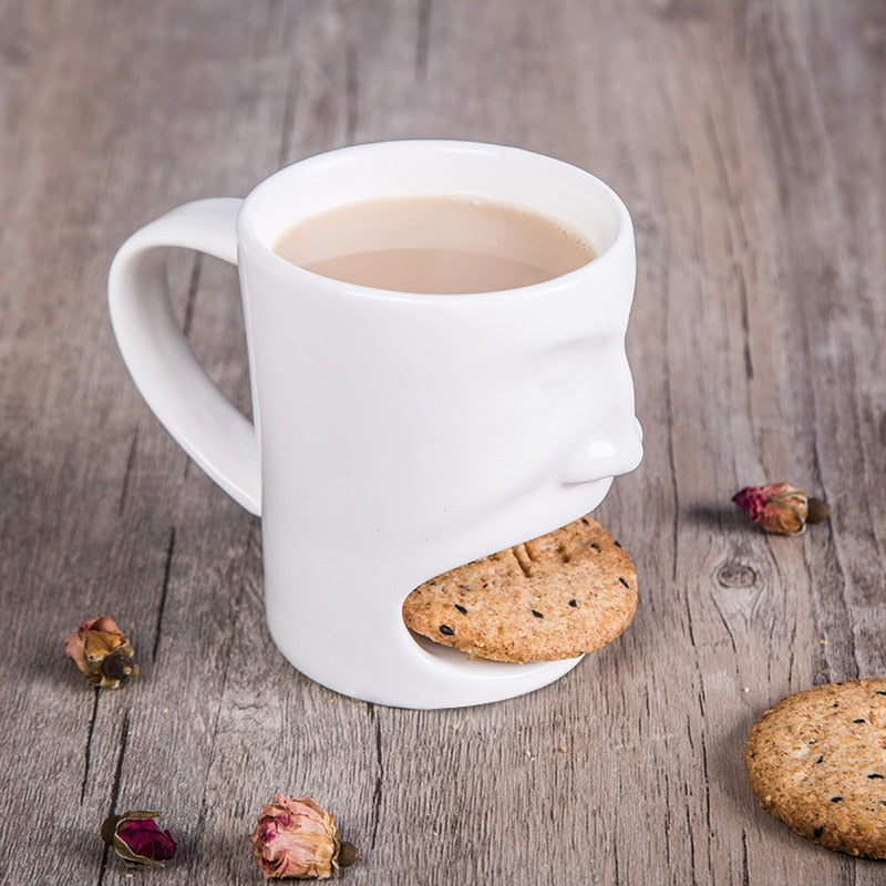 3D Face Ceramic Cookie Coffee Mug with Snack Pocket by HitMyNeed