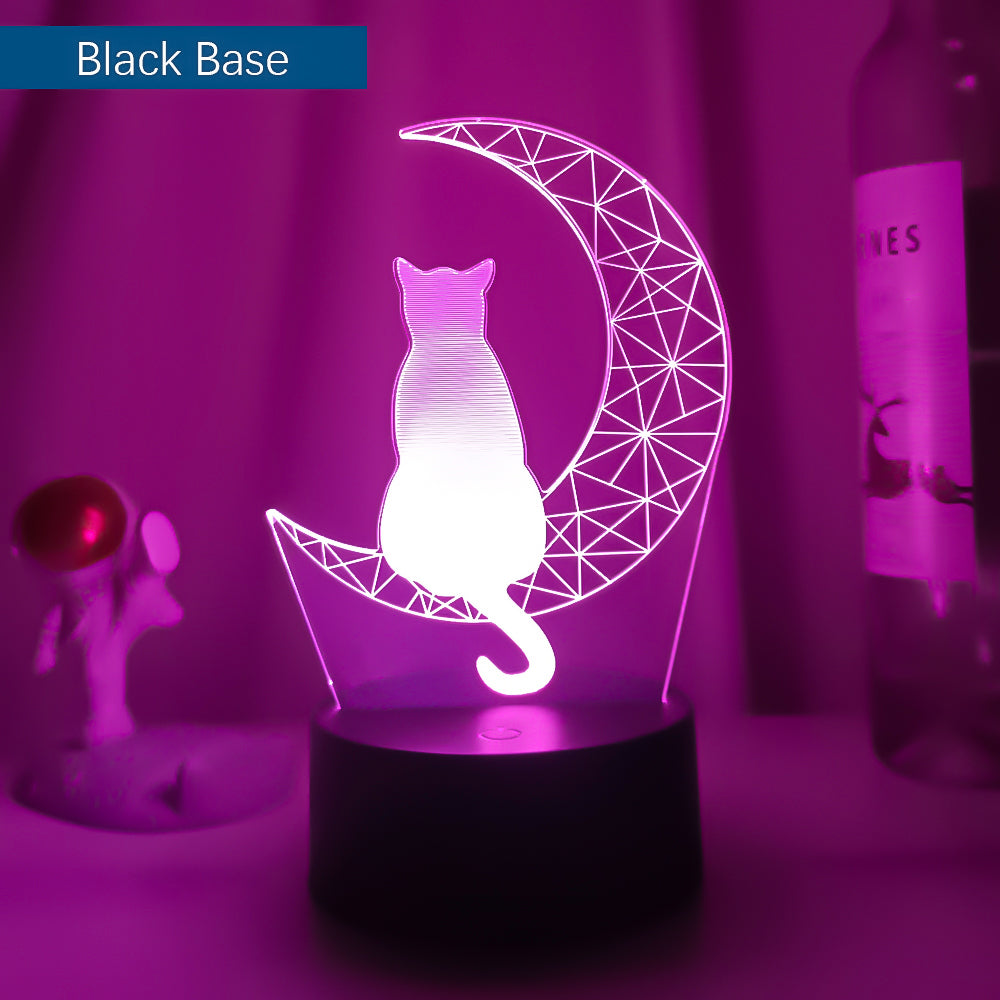 3D Moon Cat LED Night Light for Kids Bedroom black-base 16-color-remote by HitMyNeed