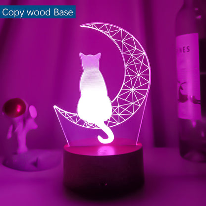 3D Moon Cat LED Night Light for Kids Bedroom copy-wood-base 16-color-remote by HitMyNeed