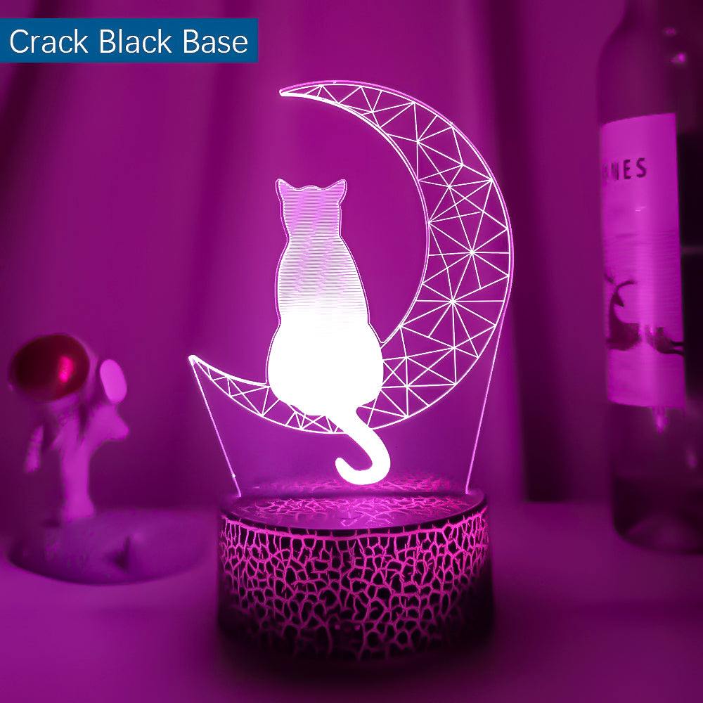 3D Moon Cat LED Night Light for Kids Bedroom crack-black-base 16-color-remote by HitMyNeed