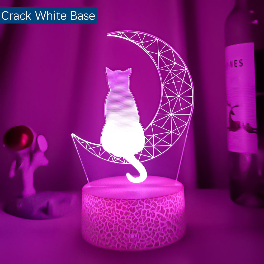 3D Moon Cat LED Night Light for Kids Bedroom crack-white-base 16-color-remote by HitMyNeed