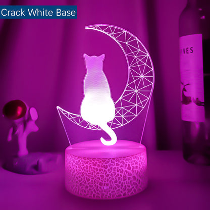 3D Moon Cat LED Night Light for Kids Bedroom crack-white-base 16-color-remote by HitMyNeed
