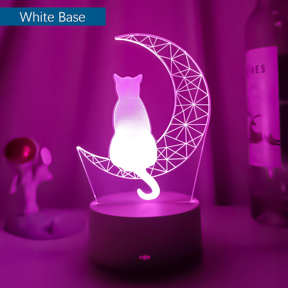 3D Moon Cat LED Night Light for Kids Bedroom white-base 16-color-remote by HitMyNeed