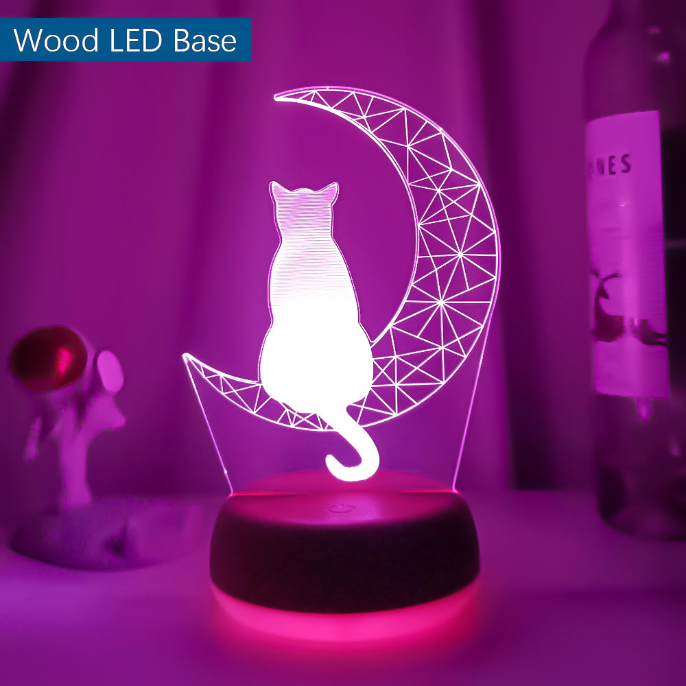 3D Moon Cat LED Night Light for Kids Bedroom wood-led-base 16-color-remote by HitMyNeed