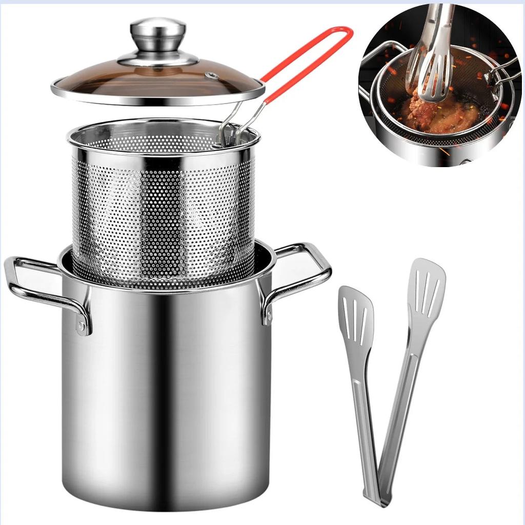 3L 304 Stainless Steel Deep Fryer Pot with Basket & Lid by HitMyNeed