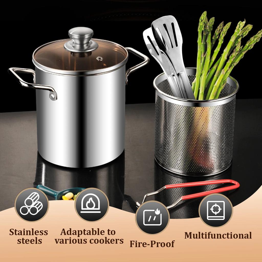 3L 304 Stainless Steel Deep Fryer Pot with Basket & Lid by HitMyNeed