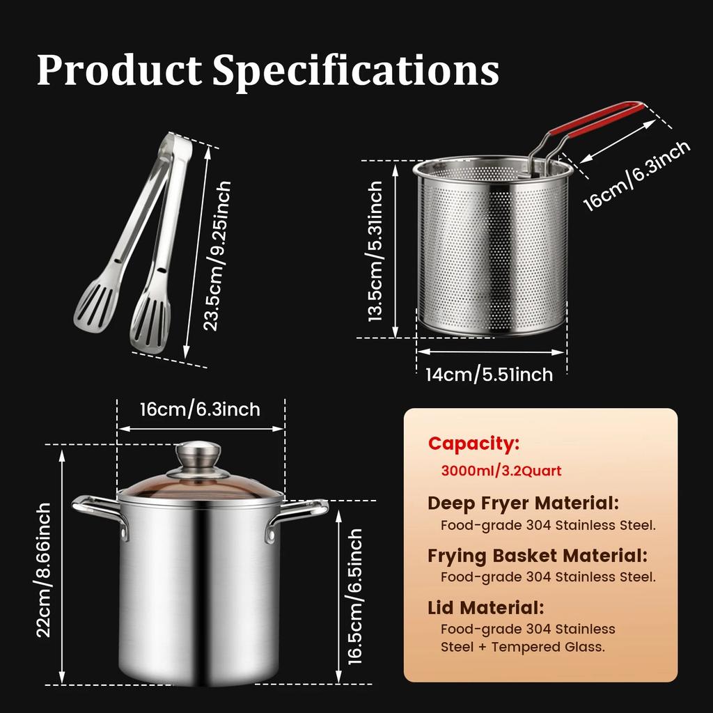 3L 304 Stainless Steel Deep Fryer Pot with Basket & Lid by HitMyNeed
