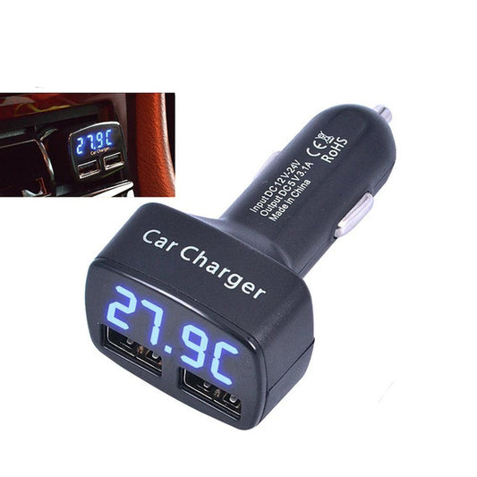 4-in-1 Dual USB Car Charger with LED Voltage Meter black-red-light by HitMyNeed