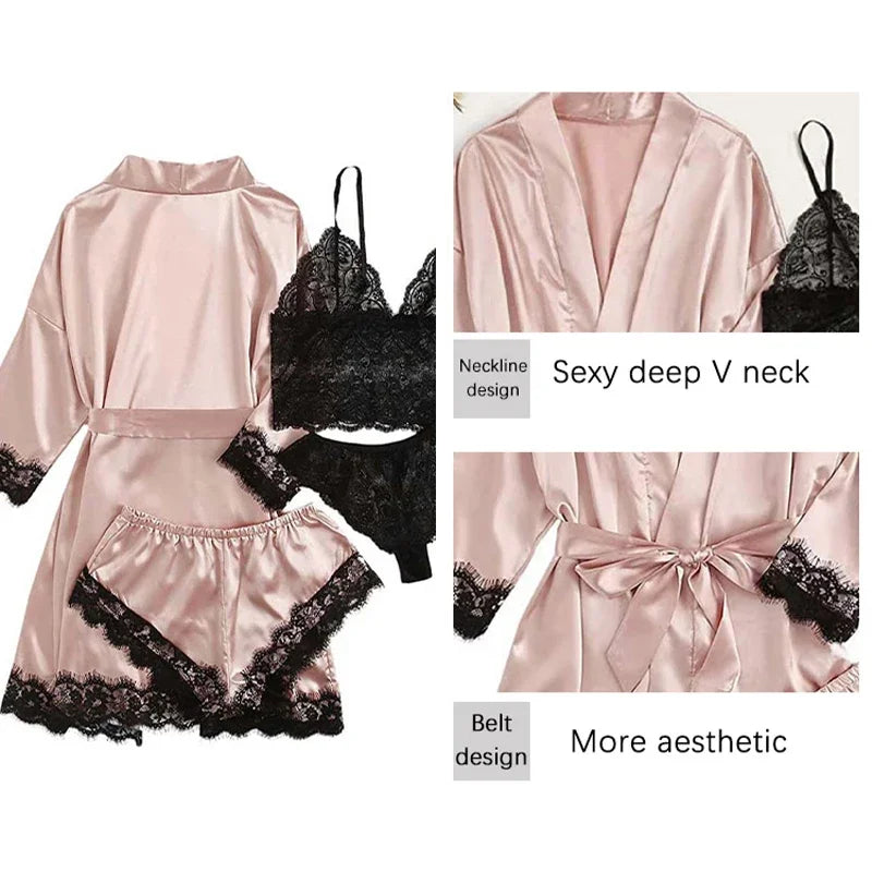 4-Piece Women's Satin Sleepwear Set with Robe by HitMyNeed