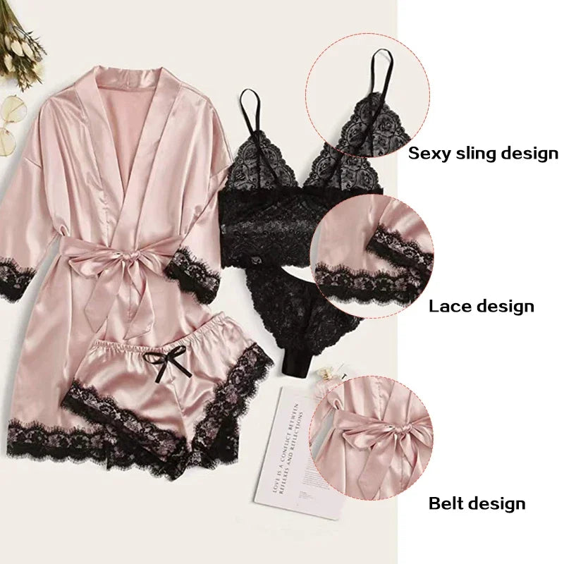 4-Piece Women's Satin Sleepwear Set with Robe by HitMyNeed