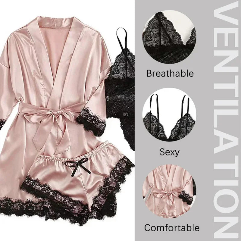 4-Piece Women's Satin Sleepwear Set with Robe by HitMyNeed