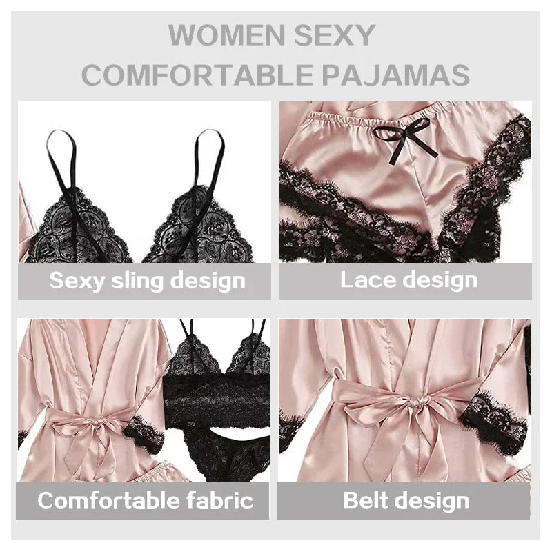 4-Piece Women's Satin Sleepwear Set with Robe by HitMyNeed