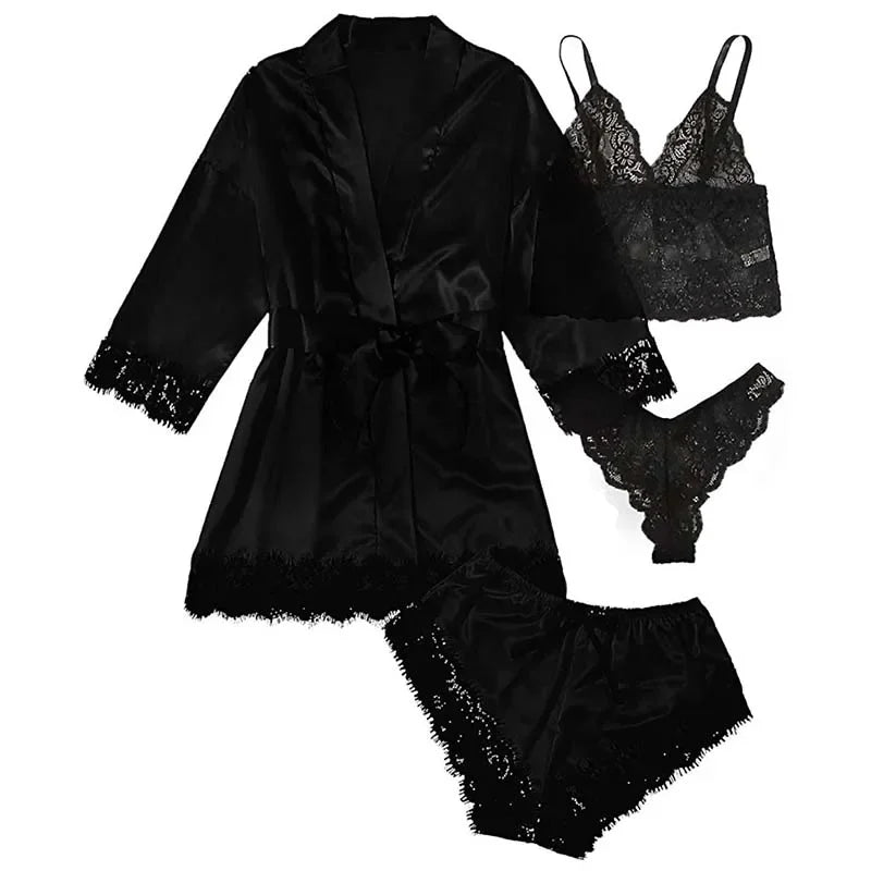 4-Piece Women's Satin Sleepwear Set with Robe ua0183black 2xl by HitMyNeed