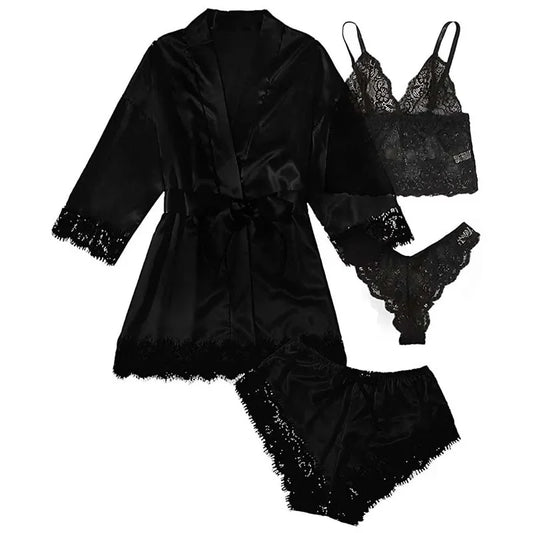 4-Piece Women's Satin Sleepwear Set with Robe ua0183black 2xl by HitMyNeed