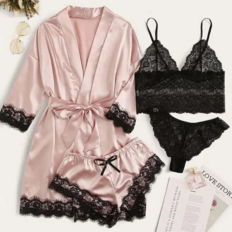 4-Piece Women's Satin Sleepwear Set with Robe ua0183pink l by HitMyNeed