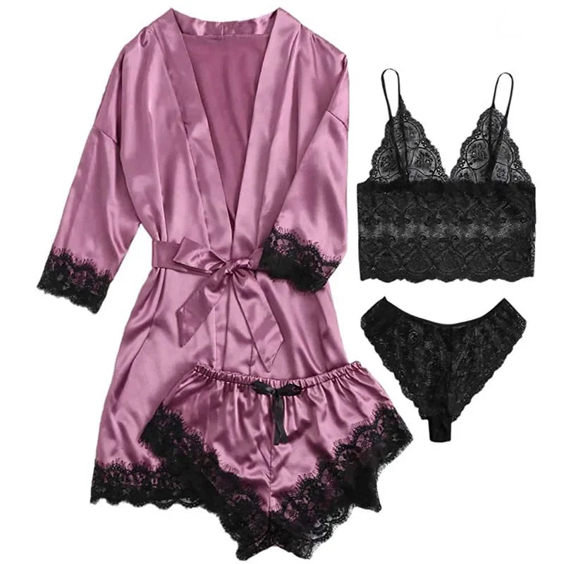 4-Piece Women's Satin Sleepwear Set with Robe ua0183purple l by HitMyNeed