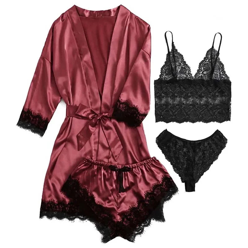 4-Piece Women's Satin Sleepwear Set with Robe ua0183red l by HitMyNeed
