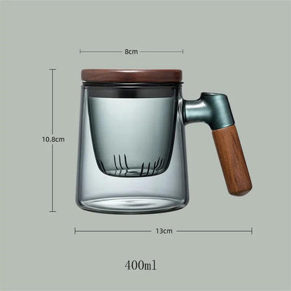 400ml Glass Tea Mug with Walnut Handle & Infuser by HitMyNeed