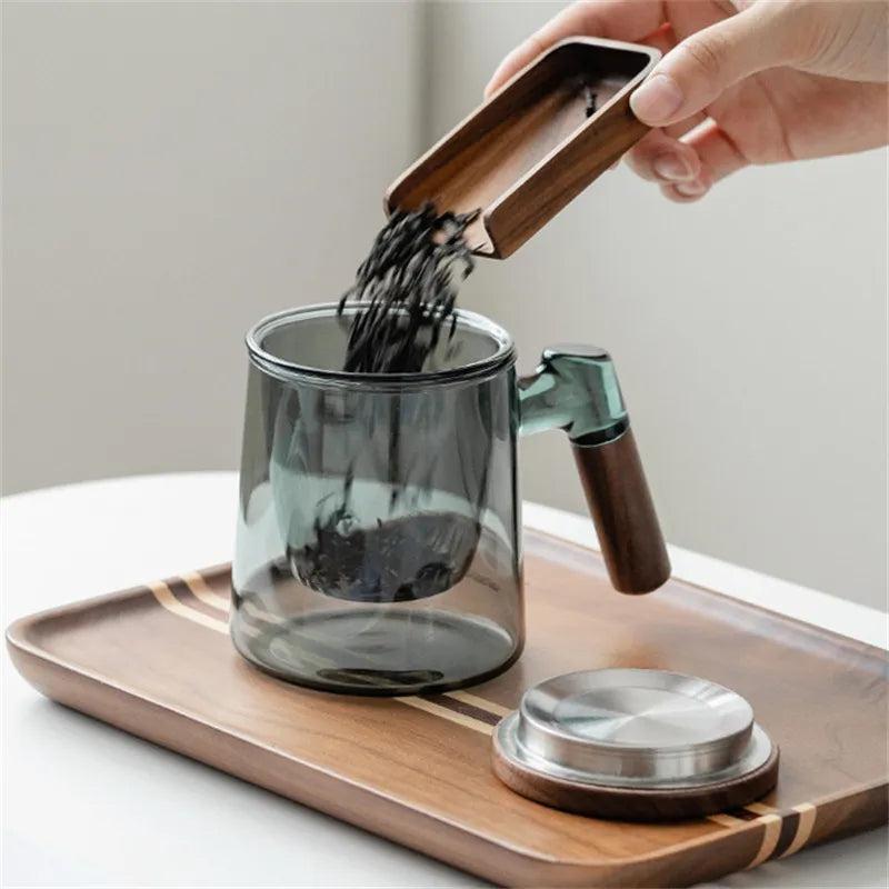 400ml Glass Tea Mug with Walnut Handle & Infuser by HitMyNeed