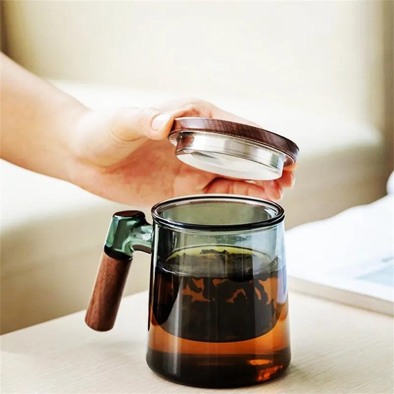 400ml Glass Tea Mug with Walnut Handle & Infuser by HitMyNeed