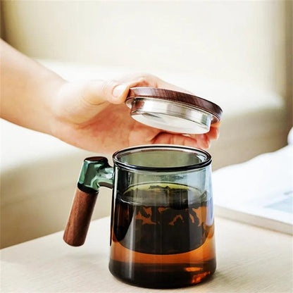 400ml Glass Tea Mug with Walnut Handle & Infuser by HitMyNeed