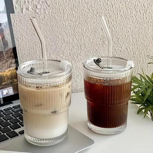 450ml Glass Tumbler with Lid, Straw & Stripe Design by HitMyNeed