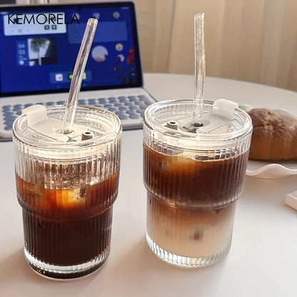 450ml Glass Tumbler with Lid, Straw & Stripe Design by HitMyNeed