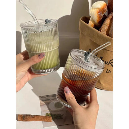 450ml Glass Tumbler with Lid, Straw & Stripe Design by HitMyNeed