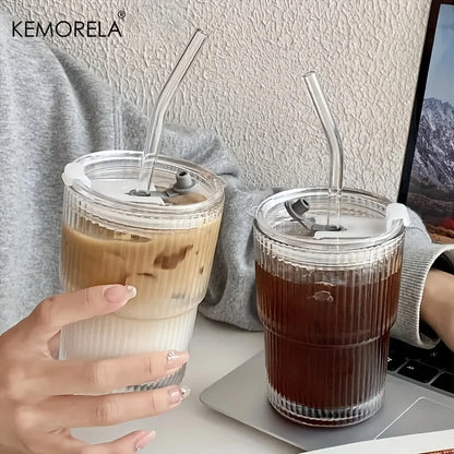 450ml Glass Tumbler with Lid, Straw & Stripe Design by HitMyNeed