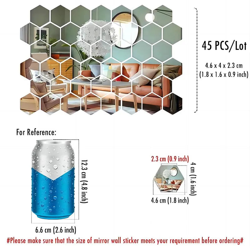 45pcs Hexagon Acrylic Mirror Wall Stickers Set by HitMyNeed