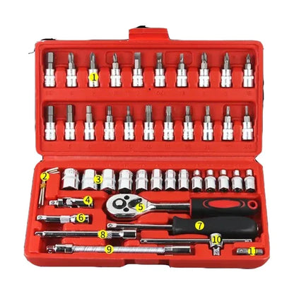 46-Piece 1/4" Car Repair Socket & Ratchet Tool Kit 46-pcs-red by HitMyNeed
