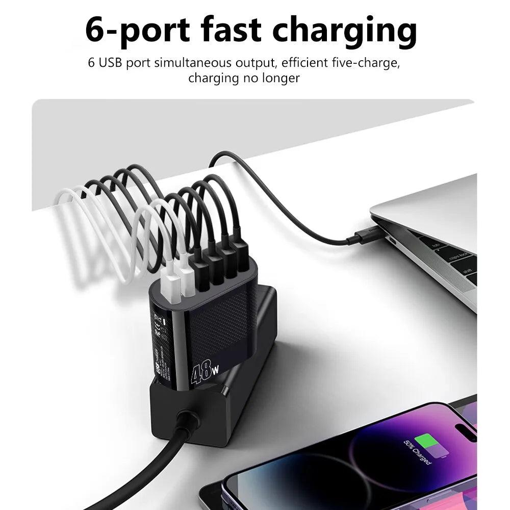 48W 6-Port USB Wall Charger with QC3.0 Fast Charging by HitMyNeed