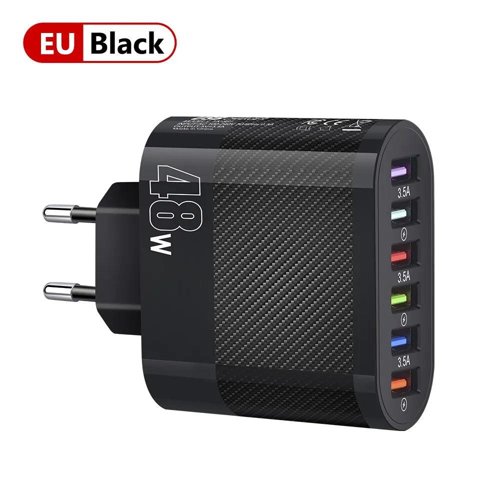 48W 6-Port USB Wall Charger with QC3.0 Fast Charging Black by HitMyNeed