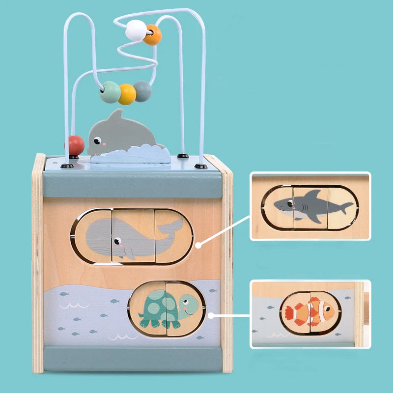 5-in-1 Wooden Montessori Busy Cube with Bead Maze by HitMyNeed