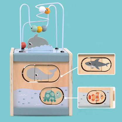 5-in-1 Wooden Montessori Busy Cube with Bead Maze by HitMyNeed