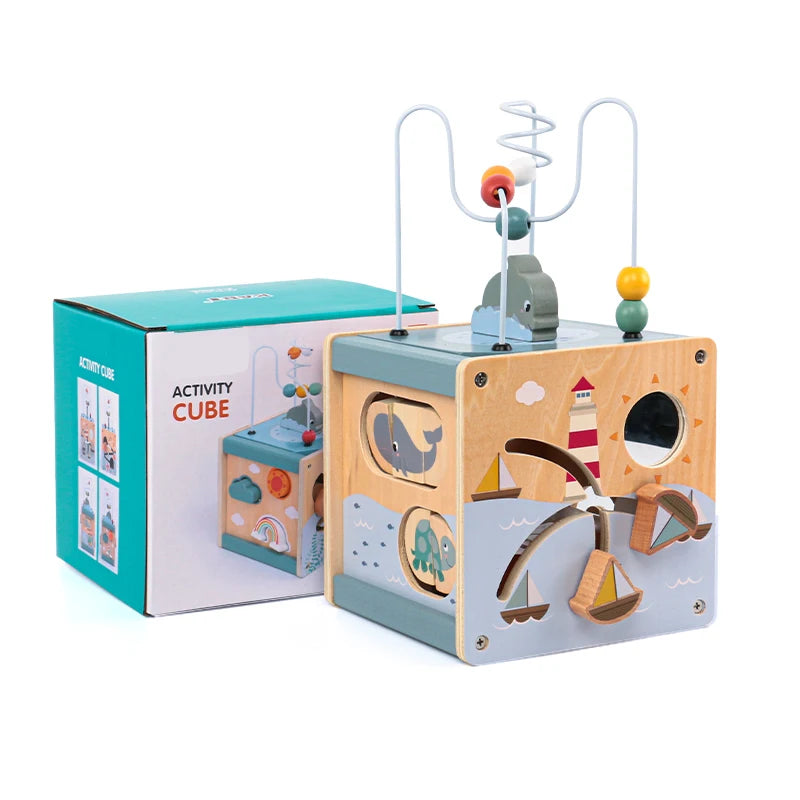 5-in-1 Wooden Montessori Busy Cube with Bead Maze by HitMyNeed