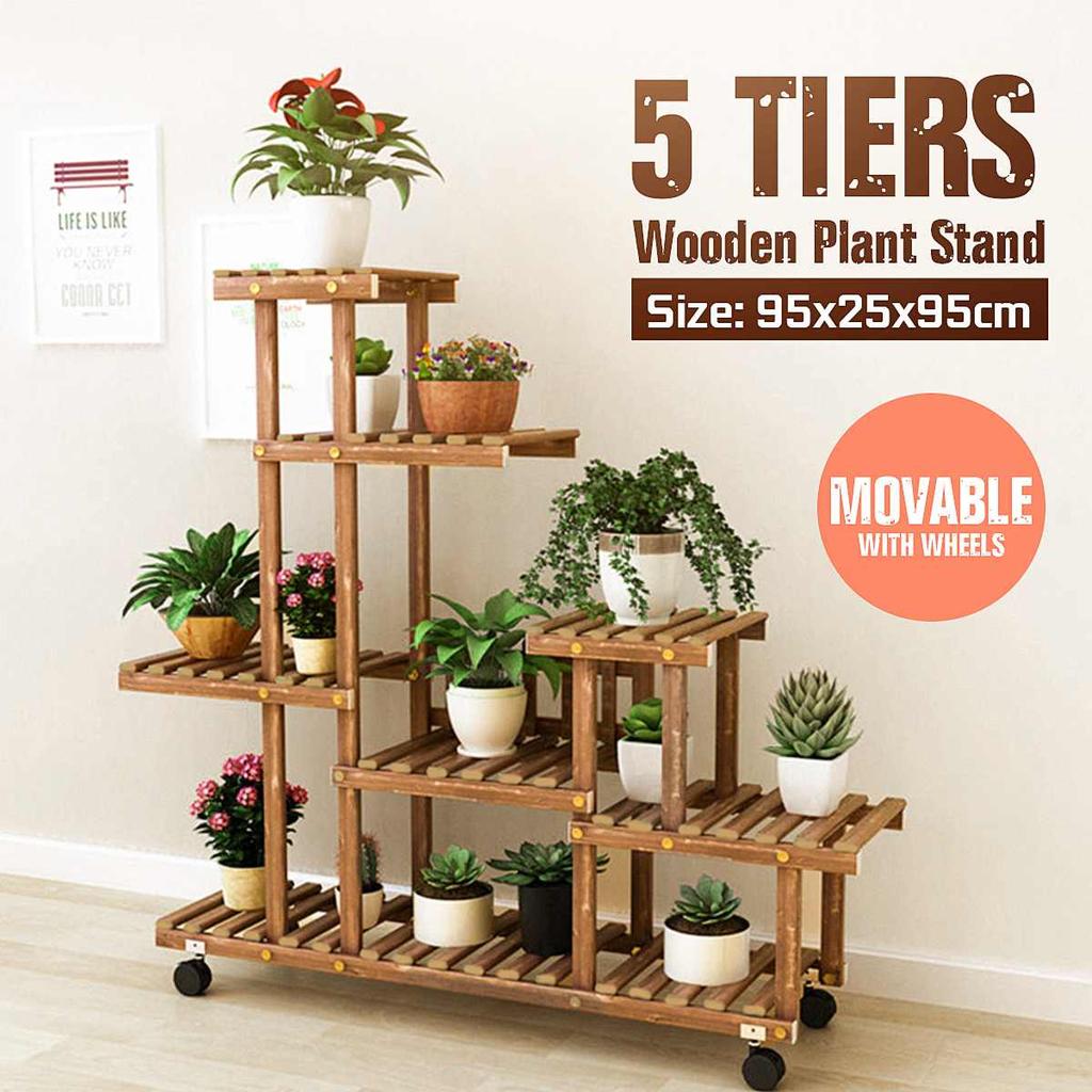 5-Tier Indoor Wooden Plant Rack with Wheels by HitMyNeed