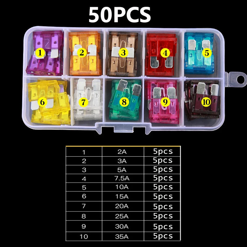50/100pcs Car Blade Fuse Assortment 2-35A with Box by HitMyNeed