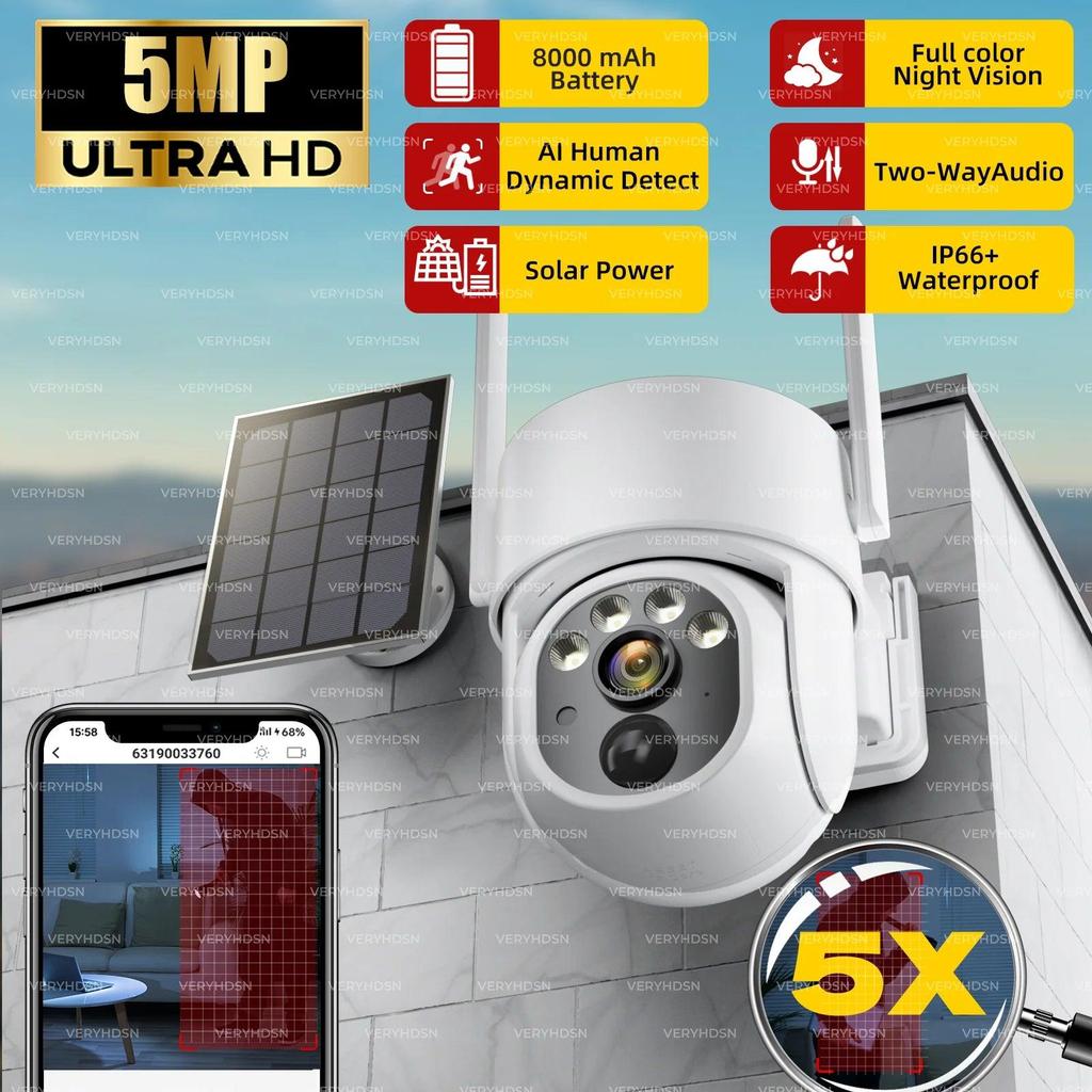 5MP Solar PTZ WiFi Security Camera with PIR & 5X Zoom by HitMyNeed