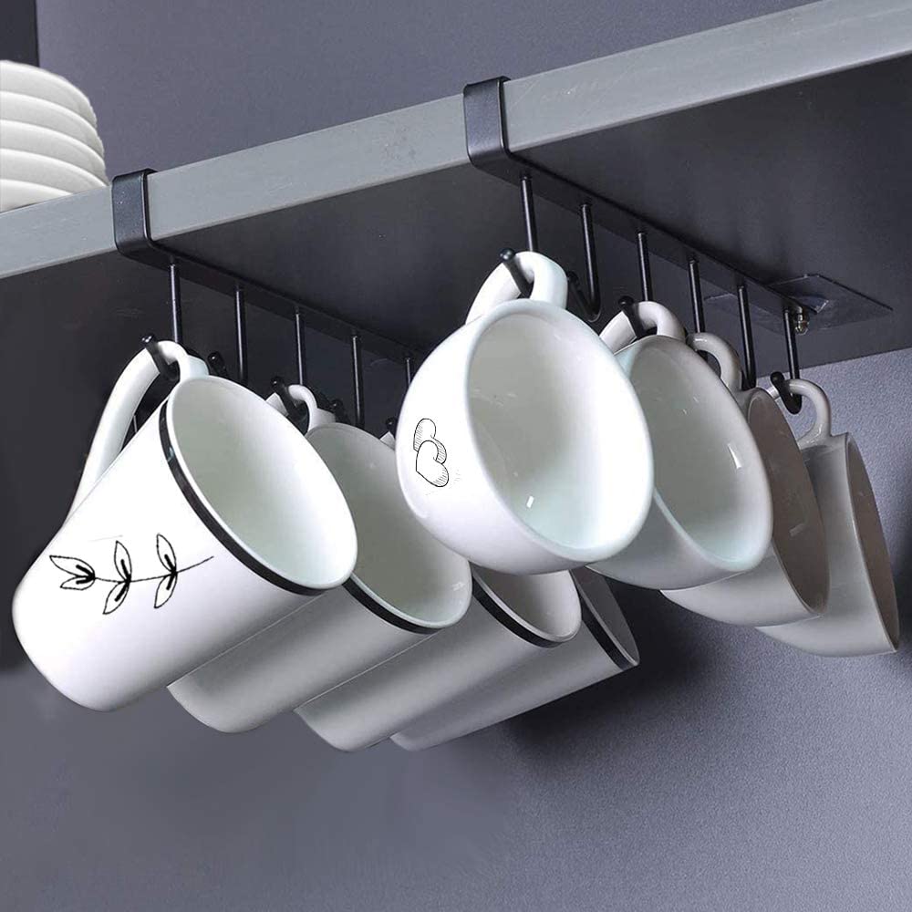 6 Hook Under Shelf Mug Holder Rack - Black & White by HitMyNeed
