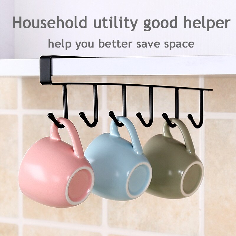 6 Hook Under Shelf Mug Holder Rack - Black & White by HitMyNeed