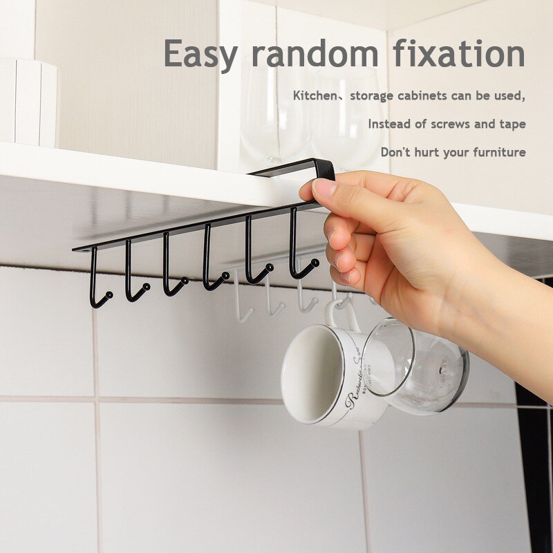 6 Hook Under Shelf Mug Holder Rack - Black & White by HitMyNeed